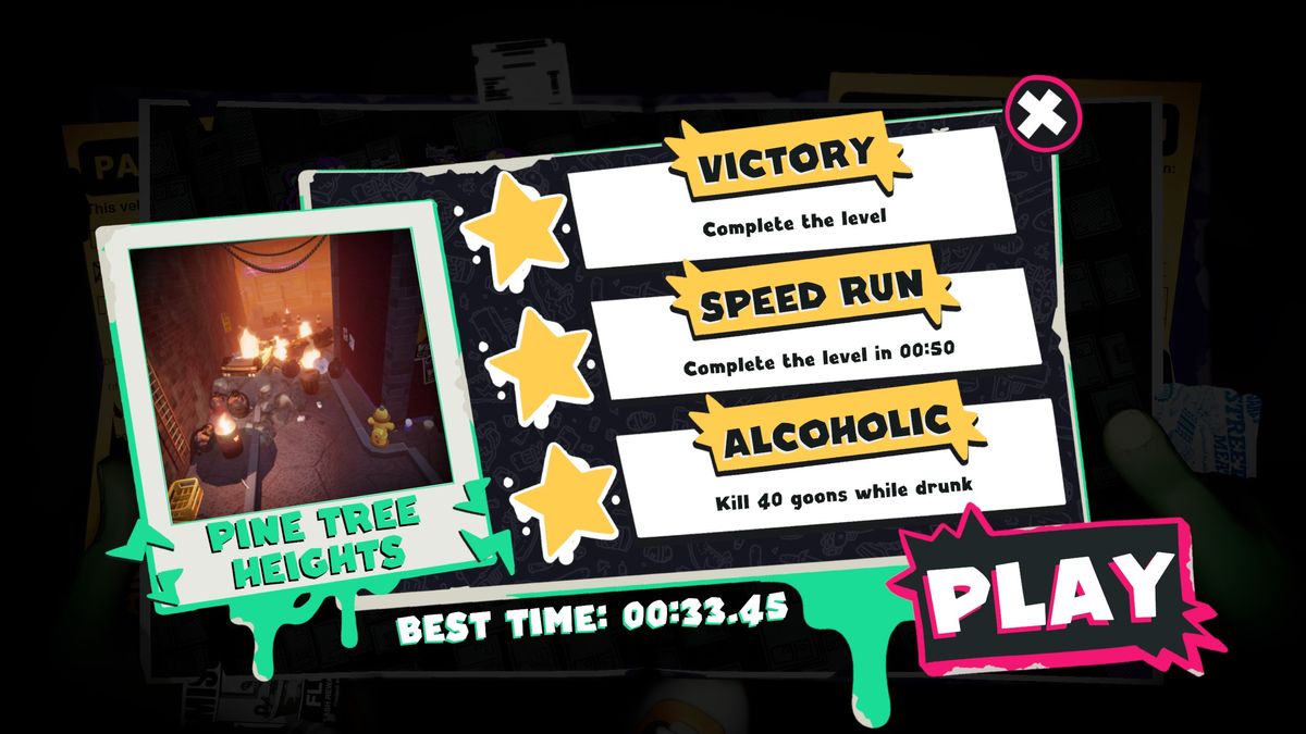 Anger Foot objective screen for "Pine Tree Heights" showing speed run, "killing enemies while drunk" objectives