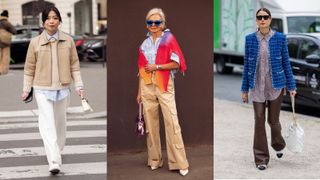 street style influencers showing spring outfit ideas pants and a top
