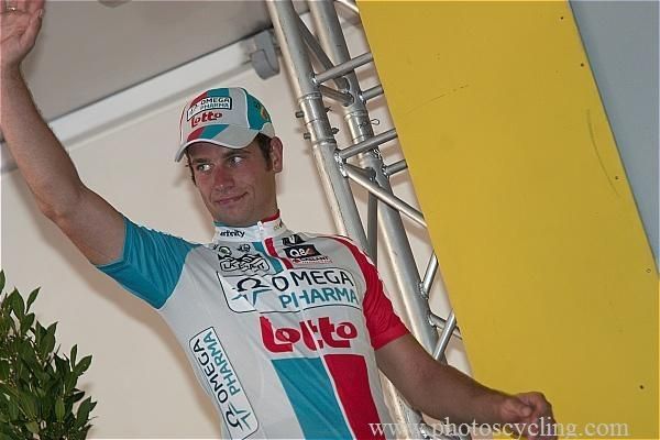 Second-placed Adam Blythe (Omega Pharma-Lotto) on the podium.