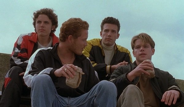 Good Will Hunting Ben Affleck and Matt Damon drinking on the bleachers with friends