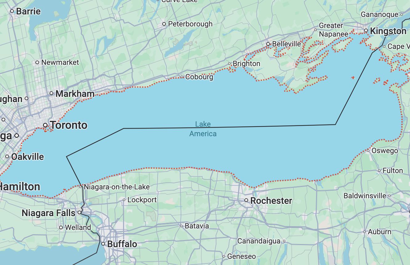 Google Maps showing Lake Ontario renamed to Lake America