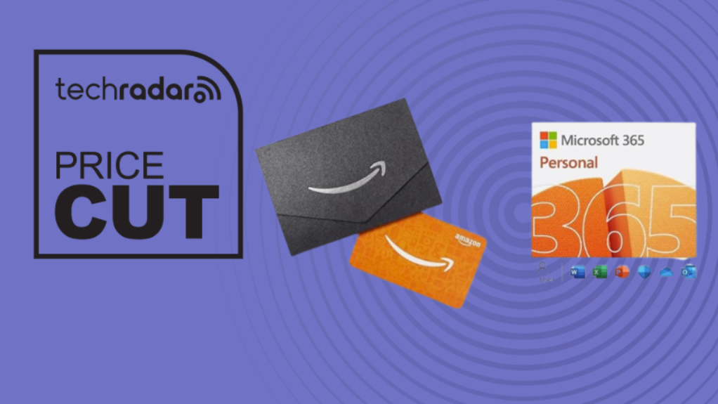 Microsoft 365 Personal subscription with Amazon gift card on a purple background next to a TechRadar badge reading 'Price Cut'