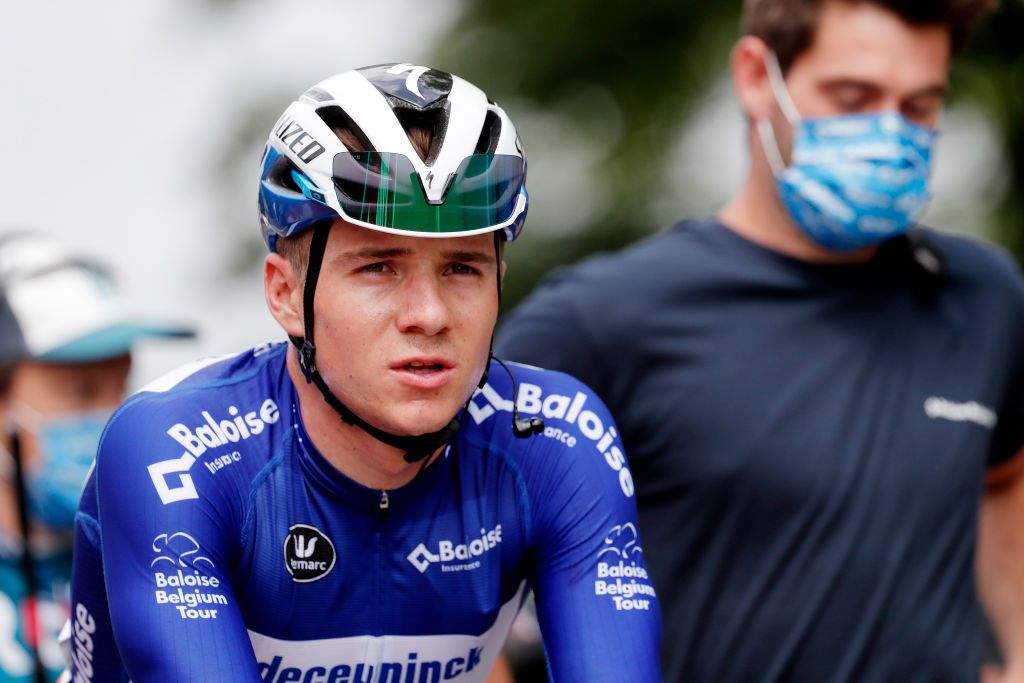 HAMOIR BELGIUM JUNE 12 Remco Evenepoel of Belgium and Team Deceuninck QuickStep Blue Leader Jersey at arrival during the 90th Baloise Belgium Tour 2021 Stage 4 a 1527km stage from Hamoir to Hamoir baloisebelgiumtour on June 12 2021 in Hamoir Belgium Photo by Bas CzerwinskiGetty Images