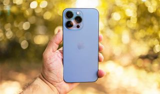 iPhone 14 substitude, the iPhone 13 Pro Max, in Sierra Blue in hand against a blurred nature background