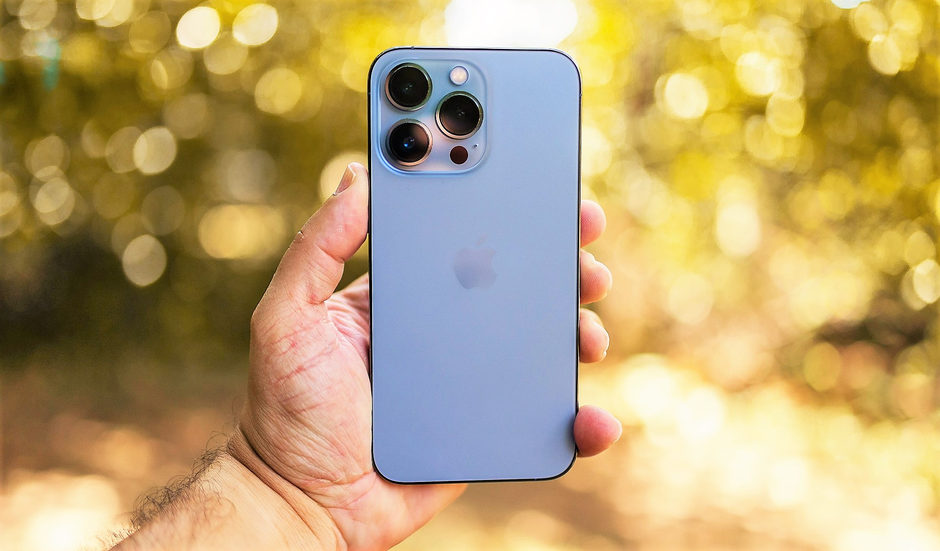 iPhone 13 Pro Max in Sierra Blue in hand against a blurred nature background