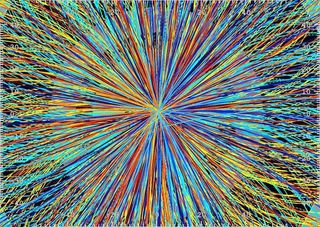 Scientists think they are getting closer to finding the Higgs boson particle, as they speed particles around the Large Hadron Collider at near light-speed. Here, the lines represent possible paths of particles produced by collisions in the detector, as pa