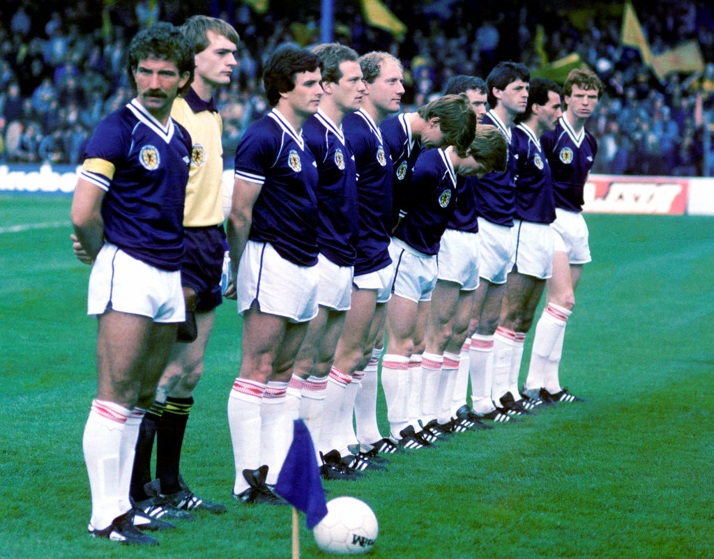 Alan Brazil lines up with his Scotland teammates in 1983