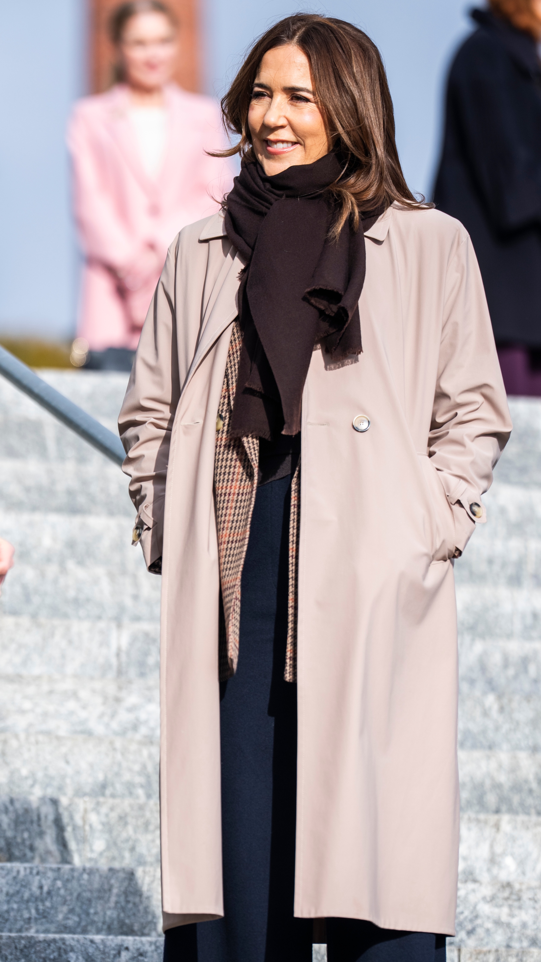 Queen Mary of Denmark smiles during a walk through the city on October 27, 2025 in Randers