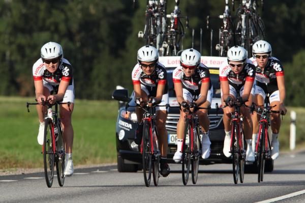 Vicki Whitelaw at the front of the Lotto team