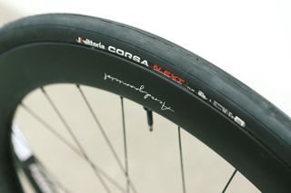 a close up of a black road bike tyre