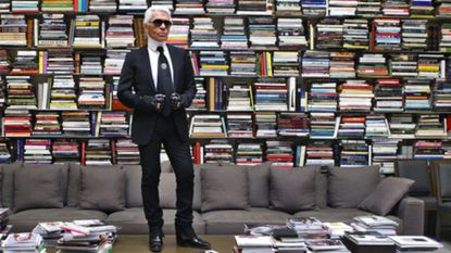 Karl Lagerfeld In the photo studio at the back of the 7L bookshop, Rue de Lille, Paris, 2008.