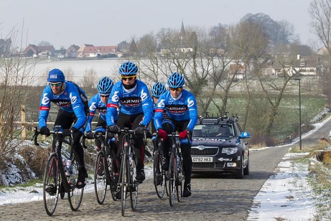Members of Garmin-Sharp's Classics squad train on the Omloop Het Nieuwsblad's cobbles.