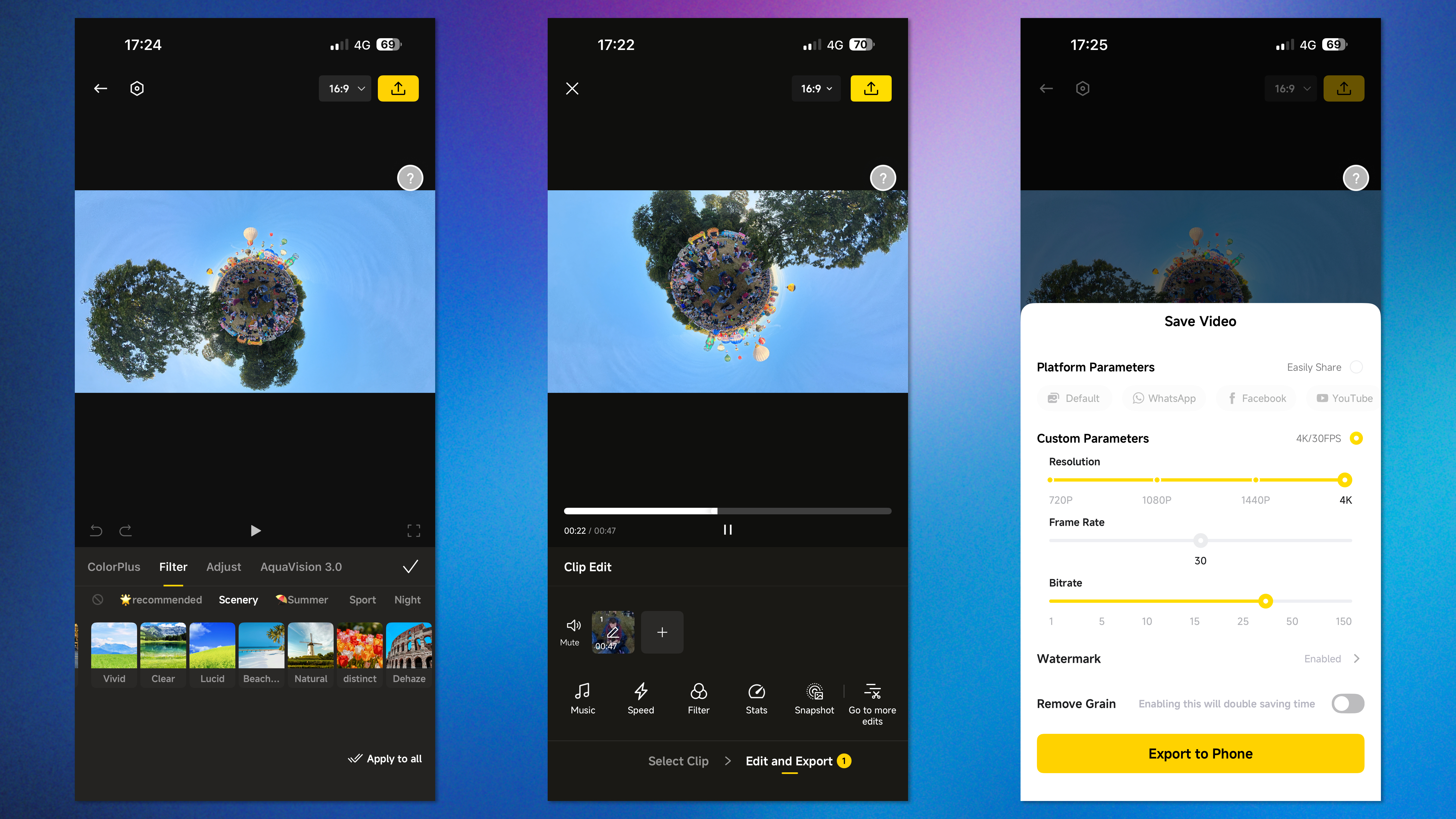 Three screenshots showing footage being edited in the Insta360 app.