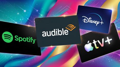 Logos for Spotify / Disney+ / Audible / Apple TV floating against a colorful background