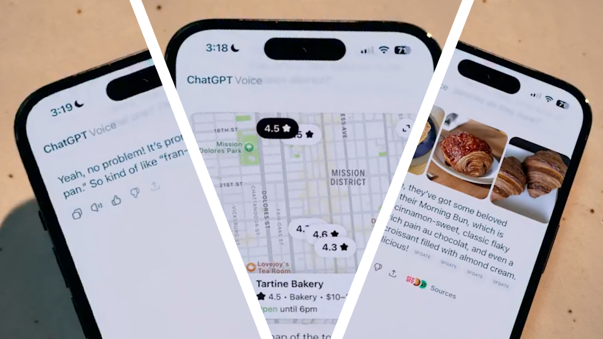 Three phones showing ChatGPT&#039;s voice mode in action