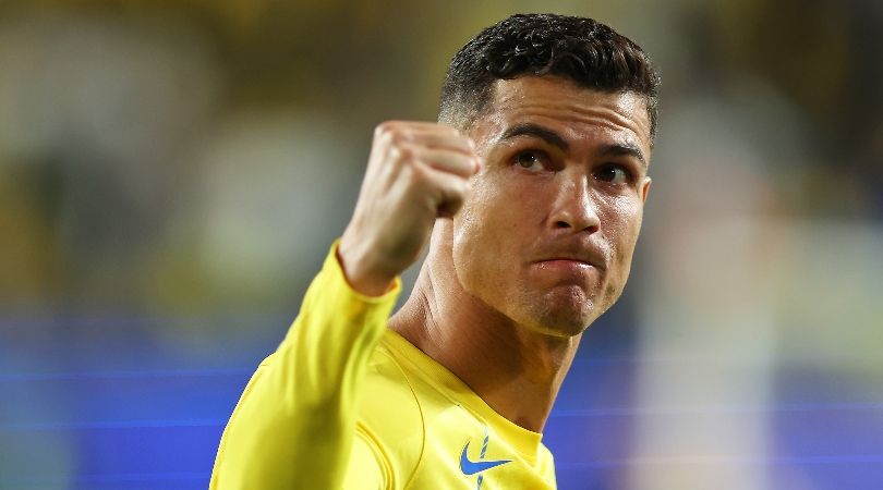 Crisiano Ronaldo celebrates after victory for Al-Nassr against Al-Fayha in February 2024.