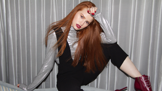 White, Clothing, Red, Beauty, Pink, Lip, Fashion, Long hair, Footwear, Red hair,