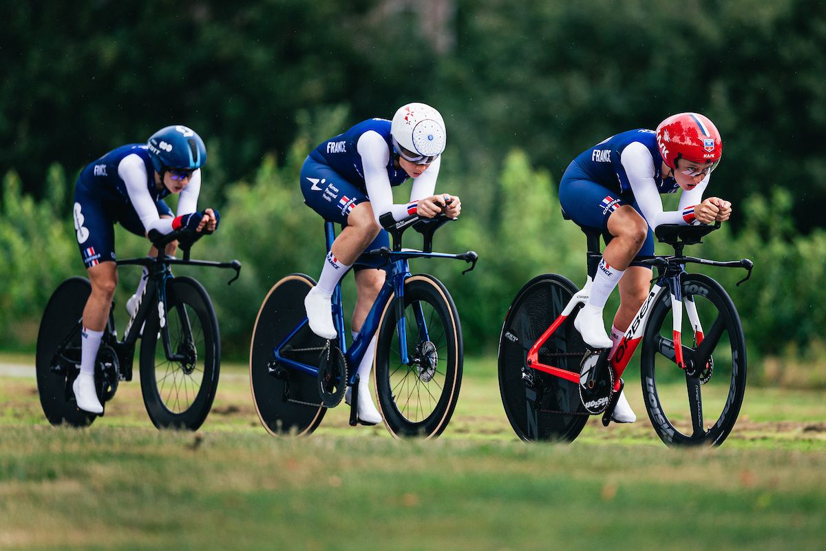 French trio Cedrine Kerbaol, Audrey Cordon-Ragot and Juliette Labous competing at the UEC Road European Championships