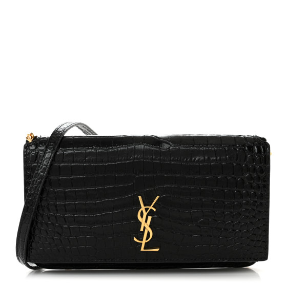 Saint Laurent Crocodile Embossed Monogram Phone Holder Crossbody Black