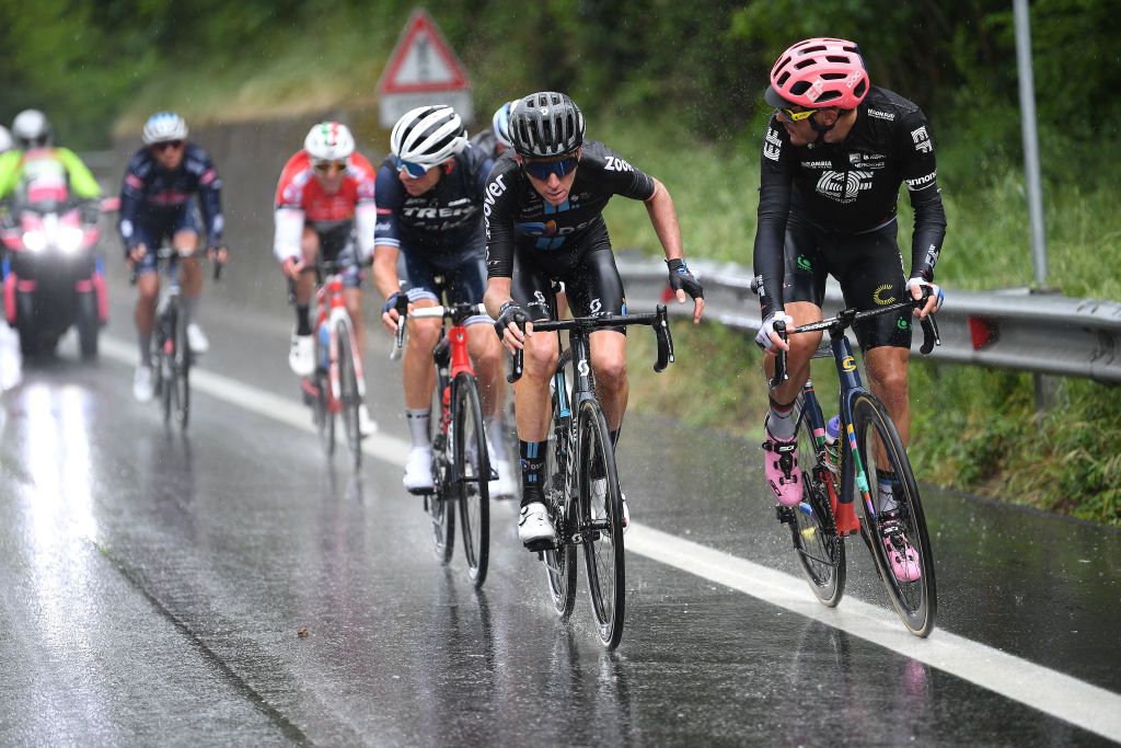 ASCOLI PICENO SAN GIACOMO ITALY MAY 13 Giulio Ciccone of Italy and Team Trek Segafredo Romain Bardet of France and Team DSM Alberto Bettiol of Italy and Team EF Education Nippo in the Breakaway during the 104th Giro dItalia 2021 Stage 6 a 160km stage from Grotte di Frasassi to Ascoli Piceno San Giacomo 1090m Rain girodiitalia Giro UCIworldtour on May 13 2021 in Ascoli Piceno San Giacomo Italy Photo by Tim de WaeleGetty Images