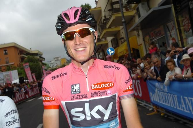 Salvatore Puccio (Sky) in the maglia rosa at the start of stage 3 in Sorrento
