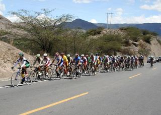 The peloton on stage two, getting a bit smaller on the hills.