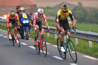 Wout van Aert (Jumbo-Visma) leads Jens Keukeleire (Lotto Soudal) and Greg Van Avermaet (CCC Team) at the 2019 Tour of Flasnders