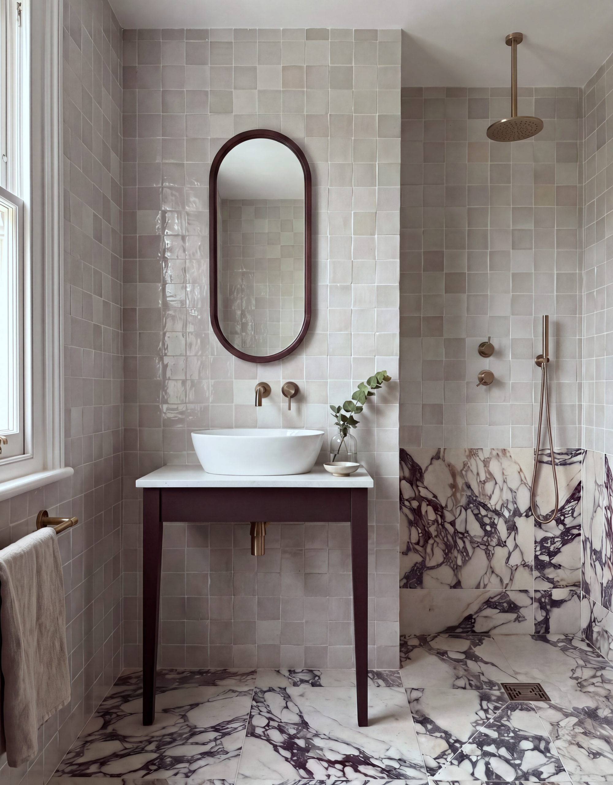 Modern bathroom with calacatta viola tiled floors and white zellige tiled walls