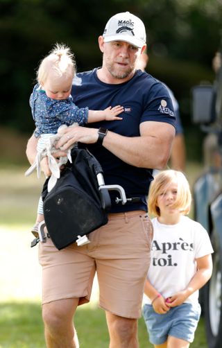Mike Tindall and daughters Lena Tindall and Mia Tindall attend day 3 of the Whatley Manor Gatcombe International Horse Trials at Gatcombe Park on September 15, 2019 in Stroud, England