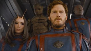 Mantis and Star-Lord stand front and center as they leave the Bowie, with Groot and Drax following behind in Guardians of the Galaxy Vol 3 .