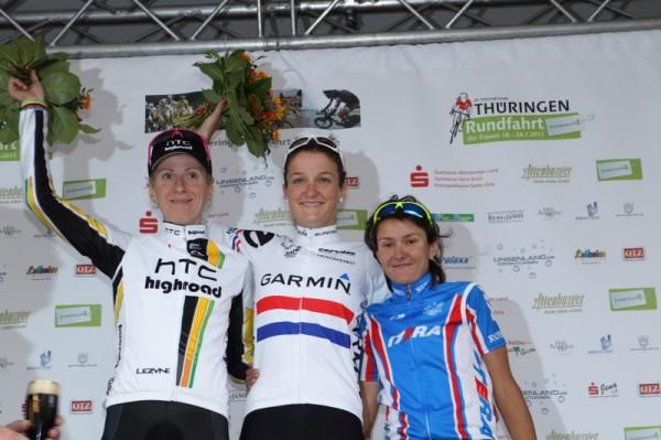 The stage podium, Judith Arndt (HTC-HighRoad), Elizabeth Armitstead (Garmin-Cervelo) and Natalia Boyarskaya (Russia)