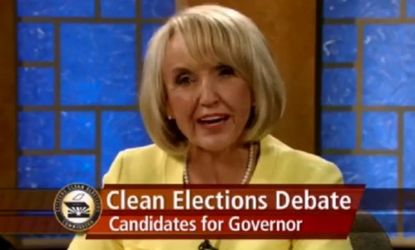 Arizona Gov. Jan Brewer stumbled through her opening statement in her gubernatorial debate against Terry Goddard.
