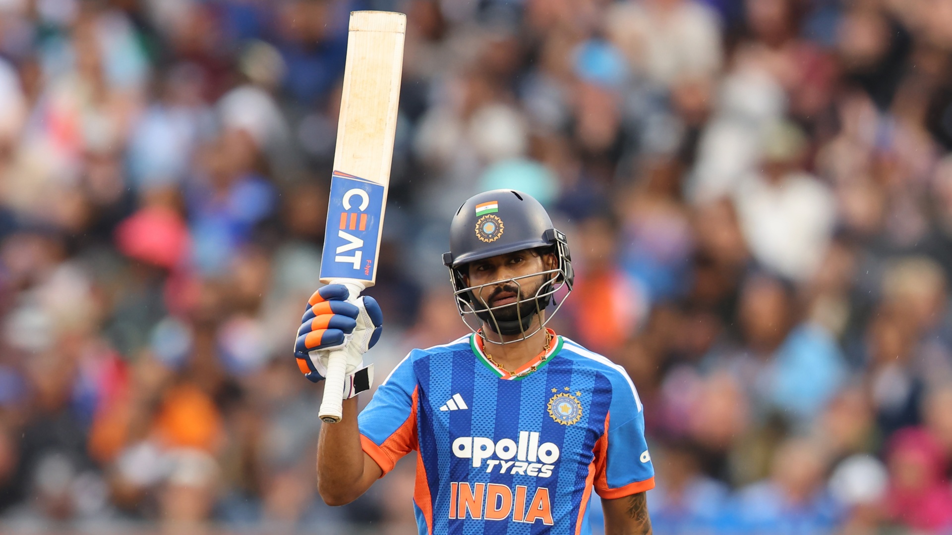 Shreyas Iyer celebrates reaching 50 during the England vs India 1st T20I