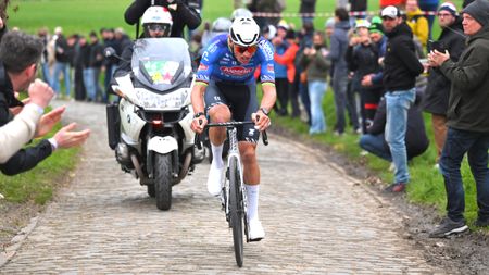 Race winner Mathieu van der Poel of Netherlands and Team Alpecin-Premier Tech competes passing through the Oude Kwaremont cobblestones sector during the 68th E3 Saxo Classic 2026