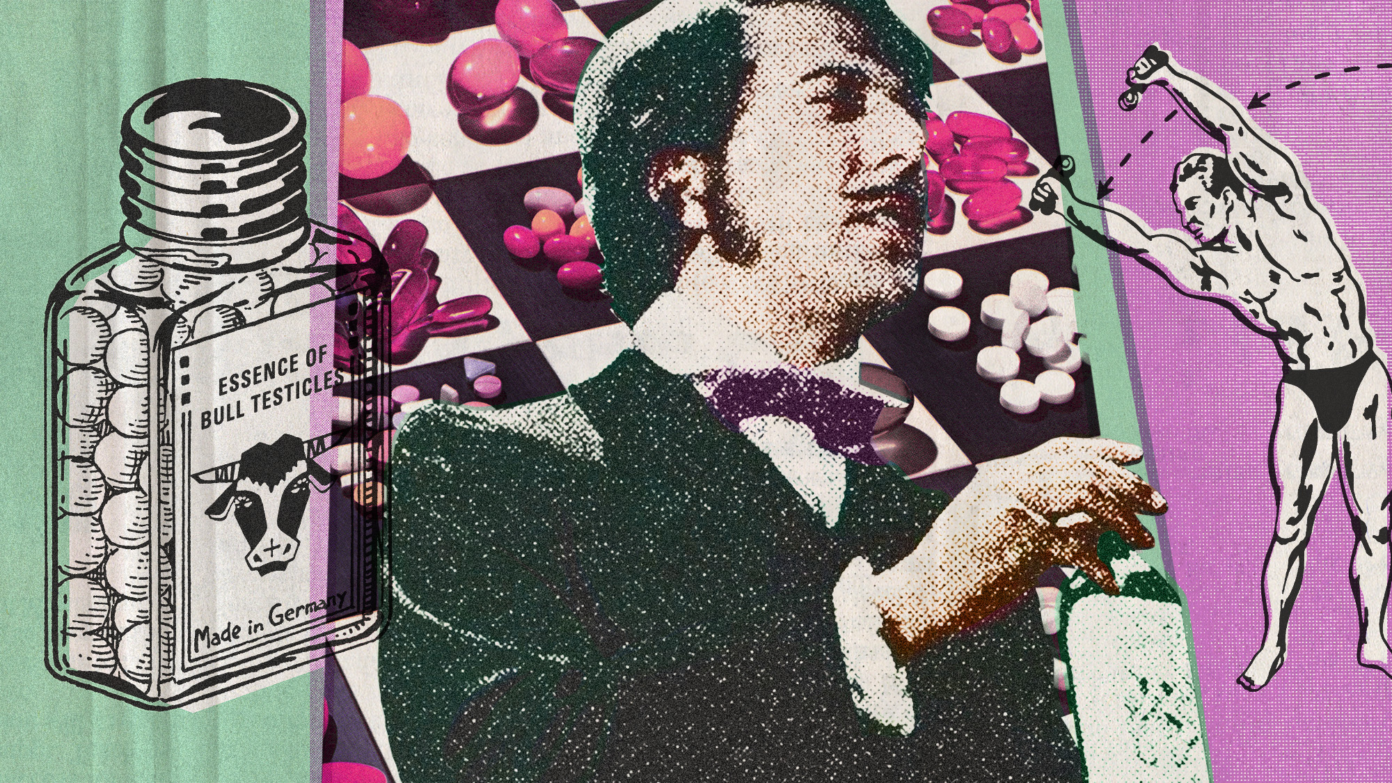 Photo collage of Dustin Hoffman playing a snake-oil salesman, and vintage illustrations of a muscular man exercising and a bottle of pills