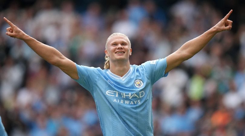 Erling Haaland celebrates one of his goal for Manchester City against Fulham in the Premier League in September 2023.