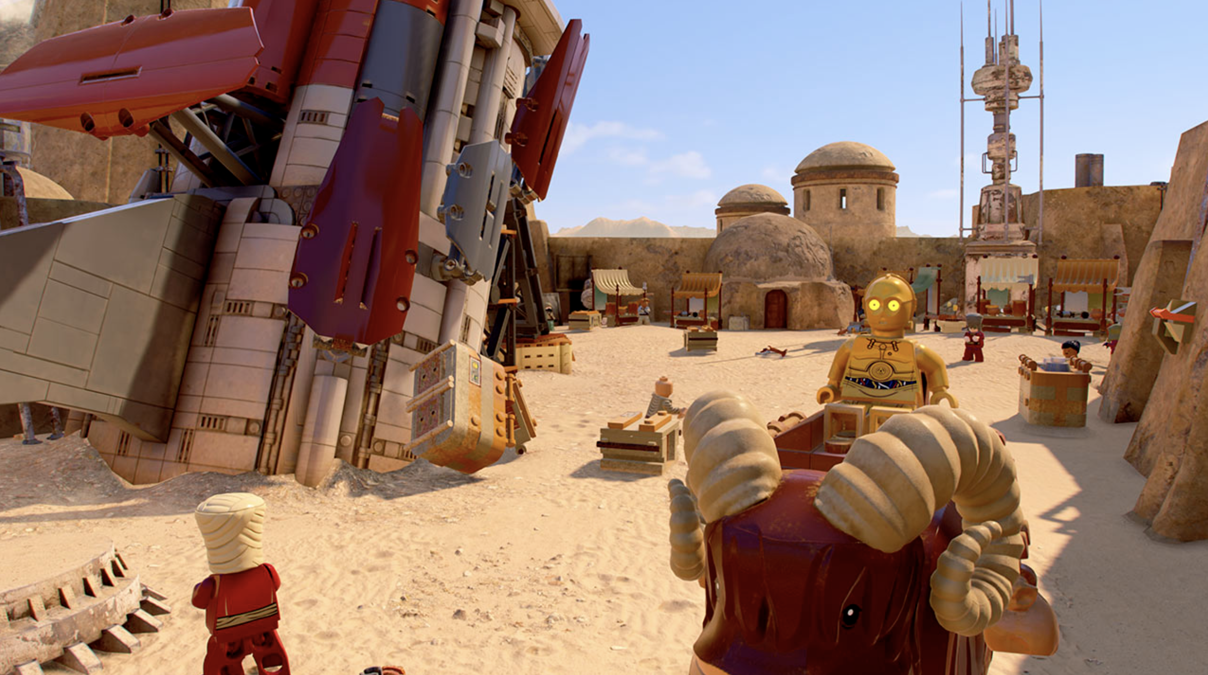 Lego Star Wars: The Skywalker Saga trailer still showing C-3PO on a Bantha