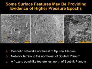 A frozen pondlike feature just north of Sputnik Planum (right) could have once been liquid nitrogen, when Pluto boasted a thicker atmosphere in the past.