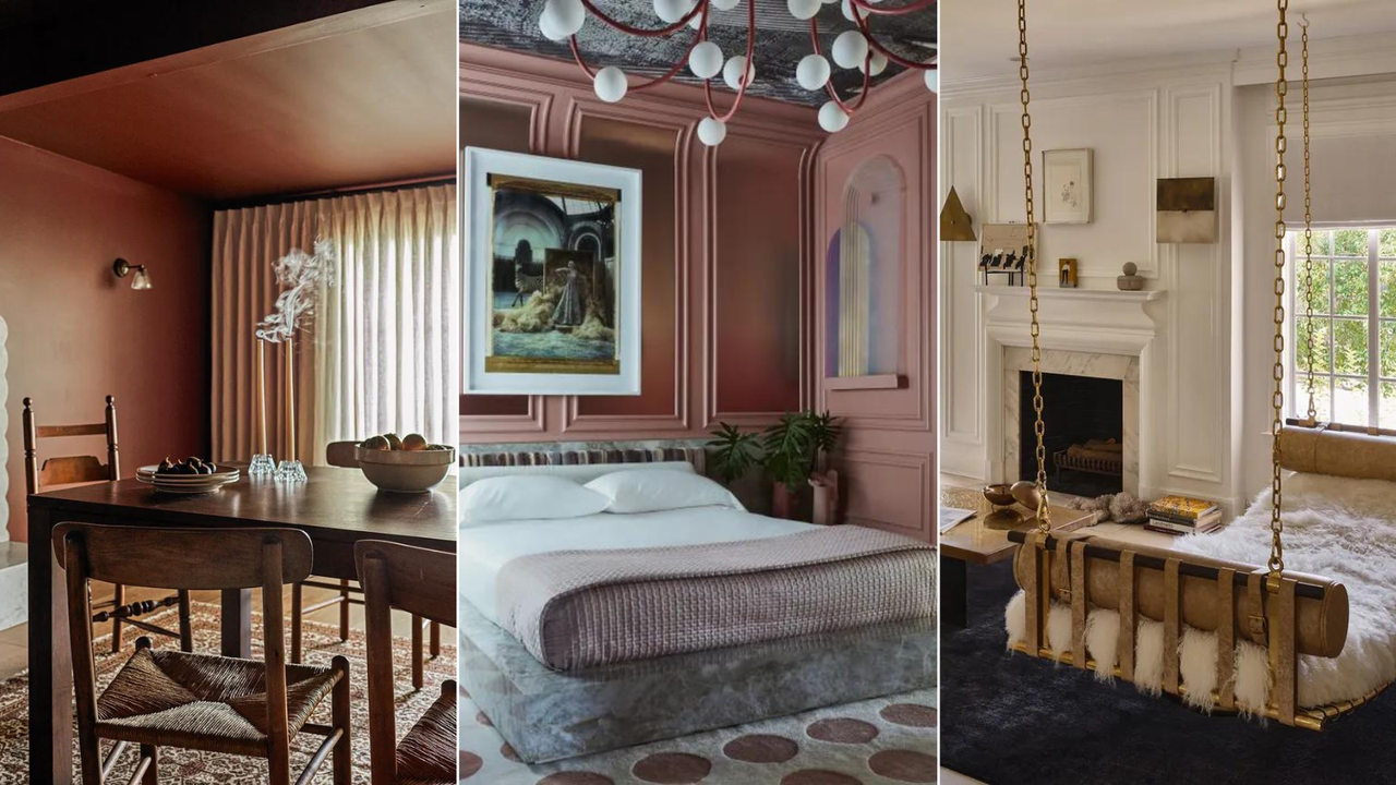 Three images: a brown dining room, a pink paneled bedroom, a neutral living room with a swing seat