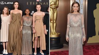 Angelina Jolie and her children (left) and Angelina Jolie at the 2014 Oscars (right)