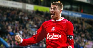 Liverpool's Steven Gerrard celebrates after scoring the Reds' second goal, 07 February 2004 in Bolton, during a Barclaycard Premier League match against Bolton.