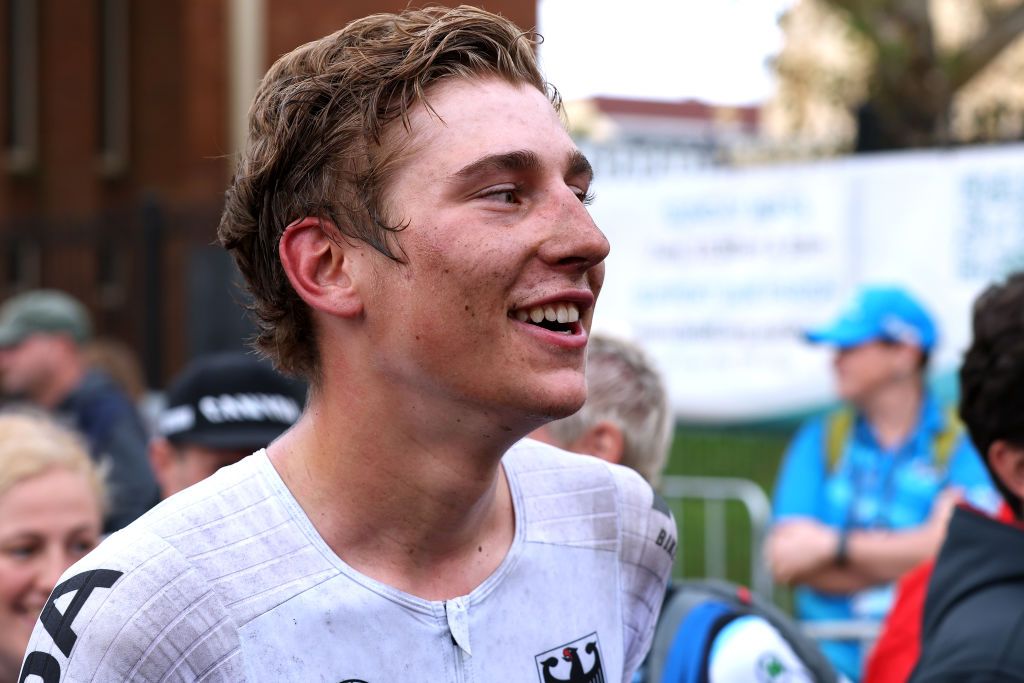WOLLOGONG AUSTRALIA SEPTEMBER 23 Race winner Emil Herzog of Germany reacts after the 95th UCI Road World Championships 2022 Men Junior Road Race a 1356km race from Wollongong to Wollongong Wollongong2022 on September 23 2022 in Wollongong Australia Photo by Con ChronisGetty Images