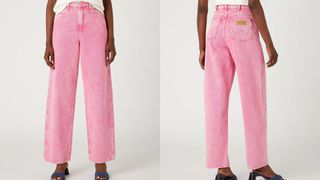 composite of model wearing wrangler barrel jeans in pink icepop colorway