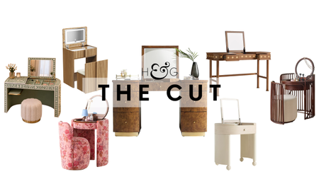 Collage of space-saving vanities in floral, burl wood, rattan, and fluted styles, pictured against a white background
