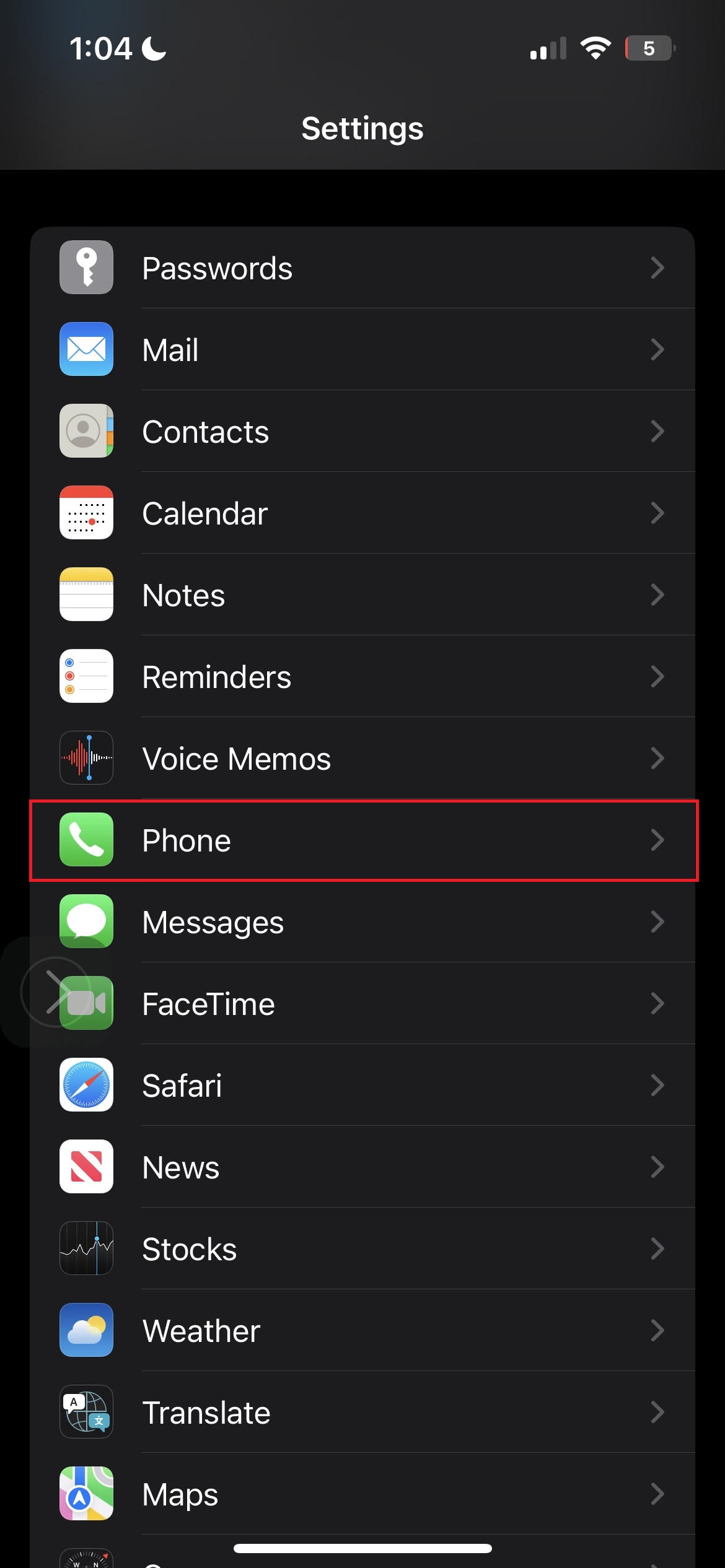 Settings app on iPhone