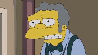 Close-up of Moe looking worried about Barney in The Simpsons Season 32 finale