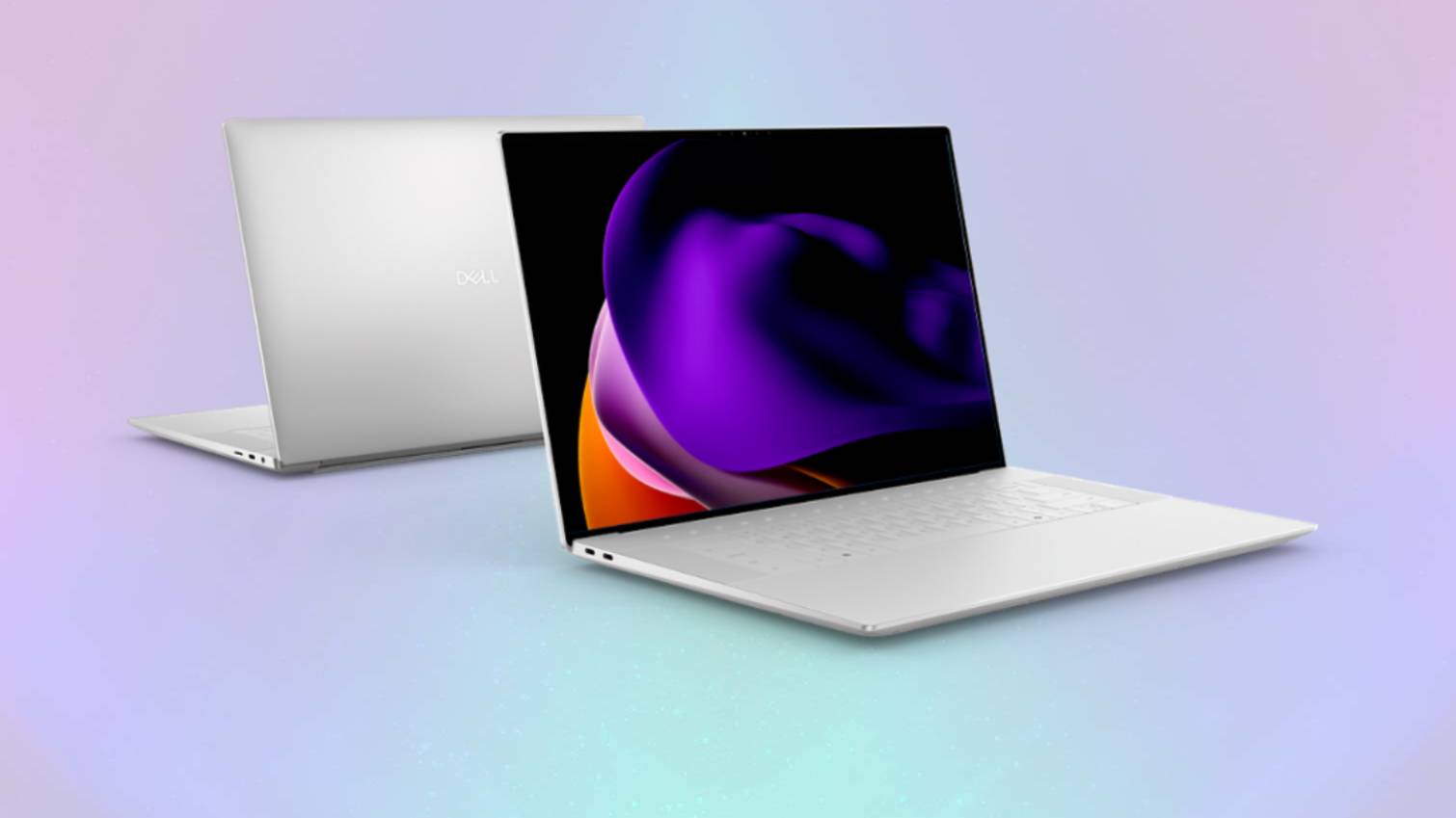 Dell 16 Premium laptops facing front and back on colored background