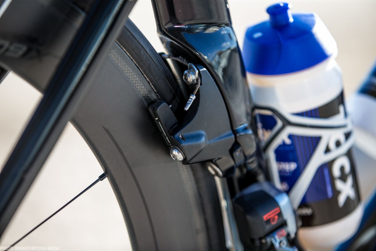 The integrated rear brake caliper in detail.