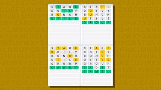 Quordle daily sequence answers for game 808 on a yellow background