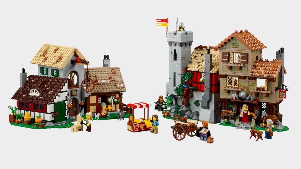 The Lego Medieval Town Square set on a plain background